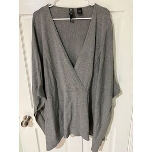 MarlaWynne Womens Gray V Neck Faux Wrap Poncho Knit Sweater XL/1X Cotton Blend